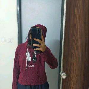 Maroon Hoodied Crop Sweatshirt