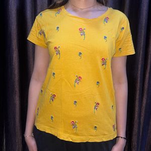 Yellow Mustard Top With Flower Embroidery