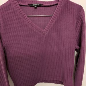 Purple Ribbed Full-sleeved Casual Top