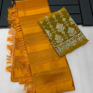 ⚜️heavy golden chiffon silk Saree ⚜️