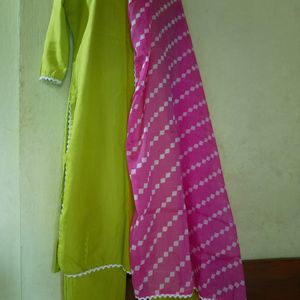 Three Pieces Kurta Set In Lime Green Colour