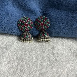 Oxidised Silver Earrings With Pink And Green Stone