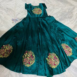 Satin Green  Long Frock With Dupatta