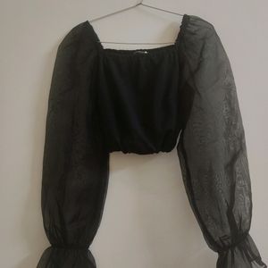 Black Organza Sleeves Crop Top