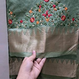 Embroided Green And Golden Saree