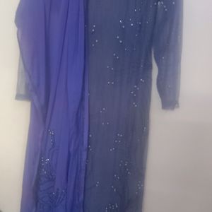 Blue Handwork Net Gown with crush lining, Duppatta