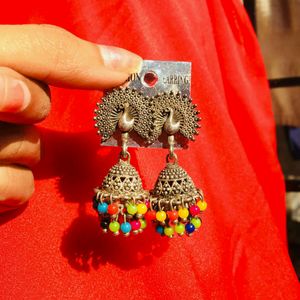 Oxides Peacock Jhumka With Colourful Beads