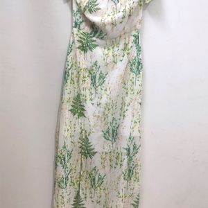 Off White And Green Tropical Printed Dress