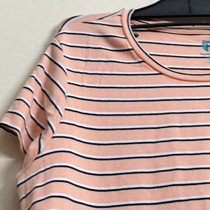 Peach Stripped Tshirt With White And Black Stripes