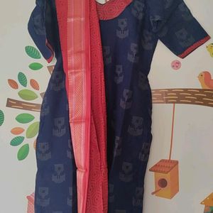 Navy Blue Kurta With Colourful Red Dupatta for Sal