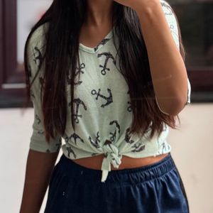 Anchor Print Crop Tie Up Top