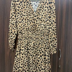 Beige & Black Animal Print Wrap Dress