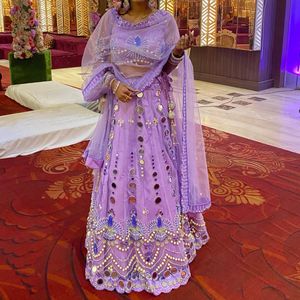 Lavender Mirror And Pearl Work Lehnga With Earring