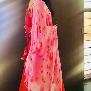 Beautiful Red Anarkali Set And Tie Dye Dupaataa