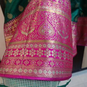 Pink And Green Pure Benarasi Frock With Dupatta