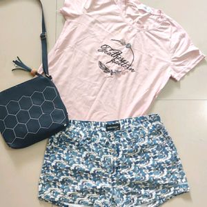 T Shirt Nd Short With Sling Bag