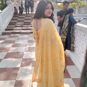 Yellow Saree With Blouse Very Nice Look Like Puja