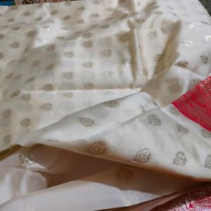 A Beautiful Weaving White Red Silk Saree