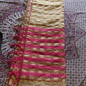 Beige And Carrot Pink Check Saree