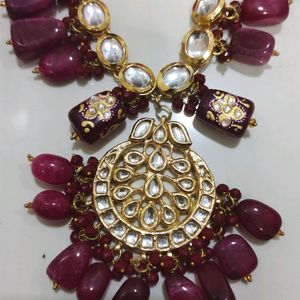 long Kundan And Real Natural Stone Necklace Set