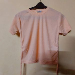 Peach Ribbed Short-Sleeve Top with Side Ties