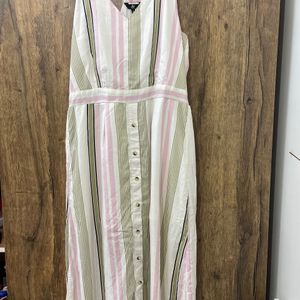 White Striped Midi Button Dress With Racer back