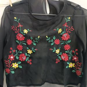 Tokyo Talkies Black Embroidered Sheer Top