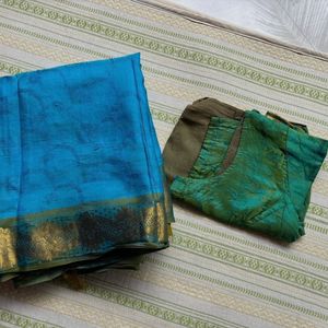 Blue Silk Blend Saree With Blouse