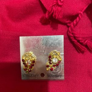 Earrings With Red And Golden Stones