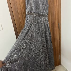 Grey Glitter Ethnic Gown With Transparent Neck