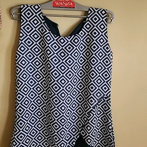 Navy Blue A Line Round Neck Geometric Pattern Top