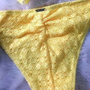 Yellow Padded Frills Schiffli Bikini Set 👙