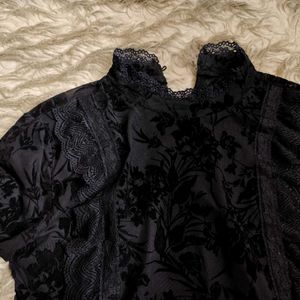 Unisex BlackSheer Velvet Detail Ruffle Vintage Top