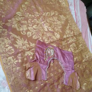 PeachPink GoldShine Saree With Designer Blouse