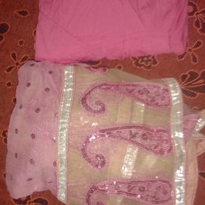 Pink And Sandal Kurta Set With Work Dupatta