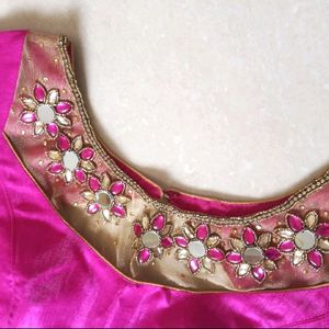 Designer Padded Pink Silk Blouse With Mirror Work And Stylish Back