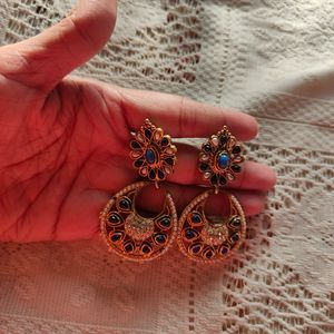 Blue And Golden Traditional Drop Earrings (Women)