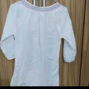 White Colored Top With Blue Embroidery Design, Pur