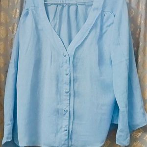 Light Blue Deep V-Neck Shirt For Casual Wear