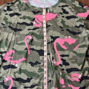 Green Army Print With Pink Flamingos T-shirt