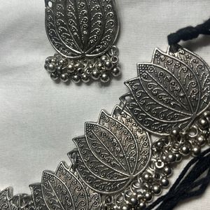 oxidised lotus design choker set with earrings