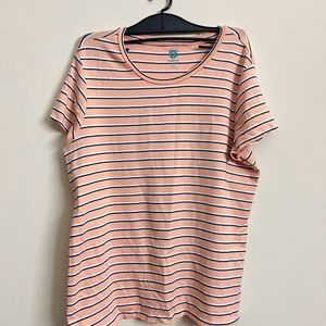 Peach Stripped Tshirt With White And Black Stripes