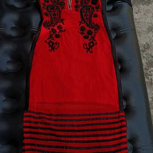 Red And Black Long Straight Embroidered Kurta