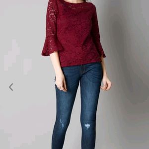 Women Maroon Self - Design Lace Top