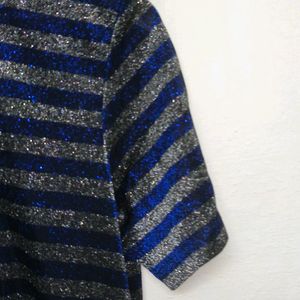 Trendy New Shinny Blue And Silver Stripe Top