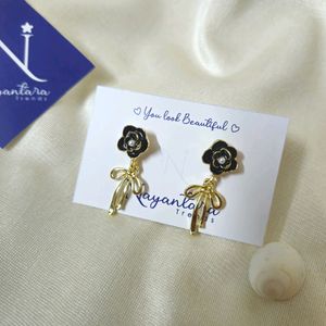 Korean Black Rose With Golden Bow Earrings