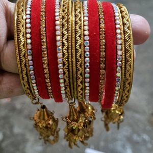 RED AND GOLDEN BANGLES SET WITH LATKAN