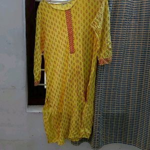 Pure Cotton Yellow Branded Kurti Set For Sale