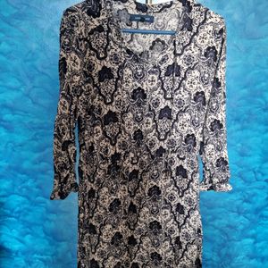 White and Navy Blue Printed ALine Dress