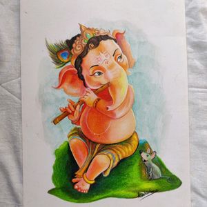 Colour Pencil Artwork Of Cute Ganesh Home Decor